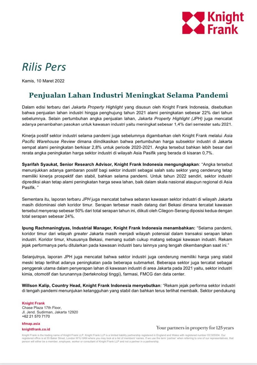 Rilis Pers - Penjualan Lahan Industri Meningkat Selama Pandemi | KF Map Indonesia Property, Infrastructure